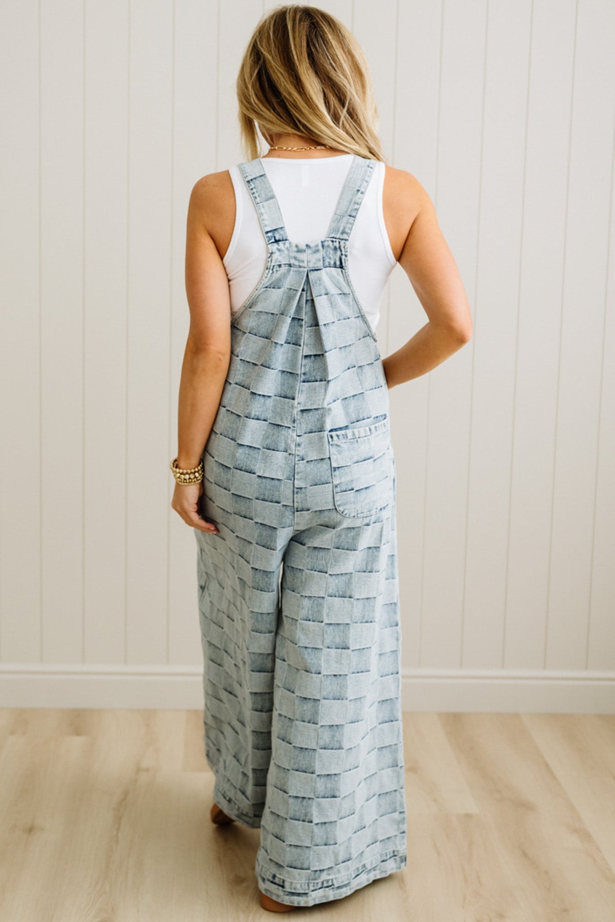 Checked Denim Wide Leg Overalls - BIBI