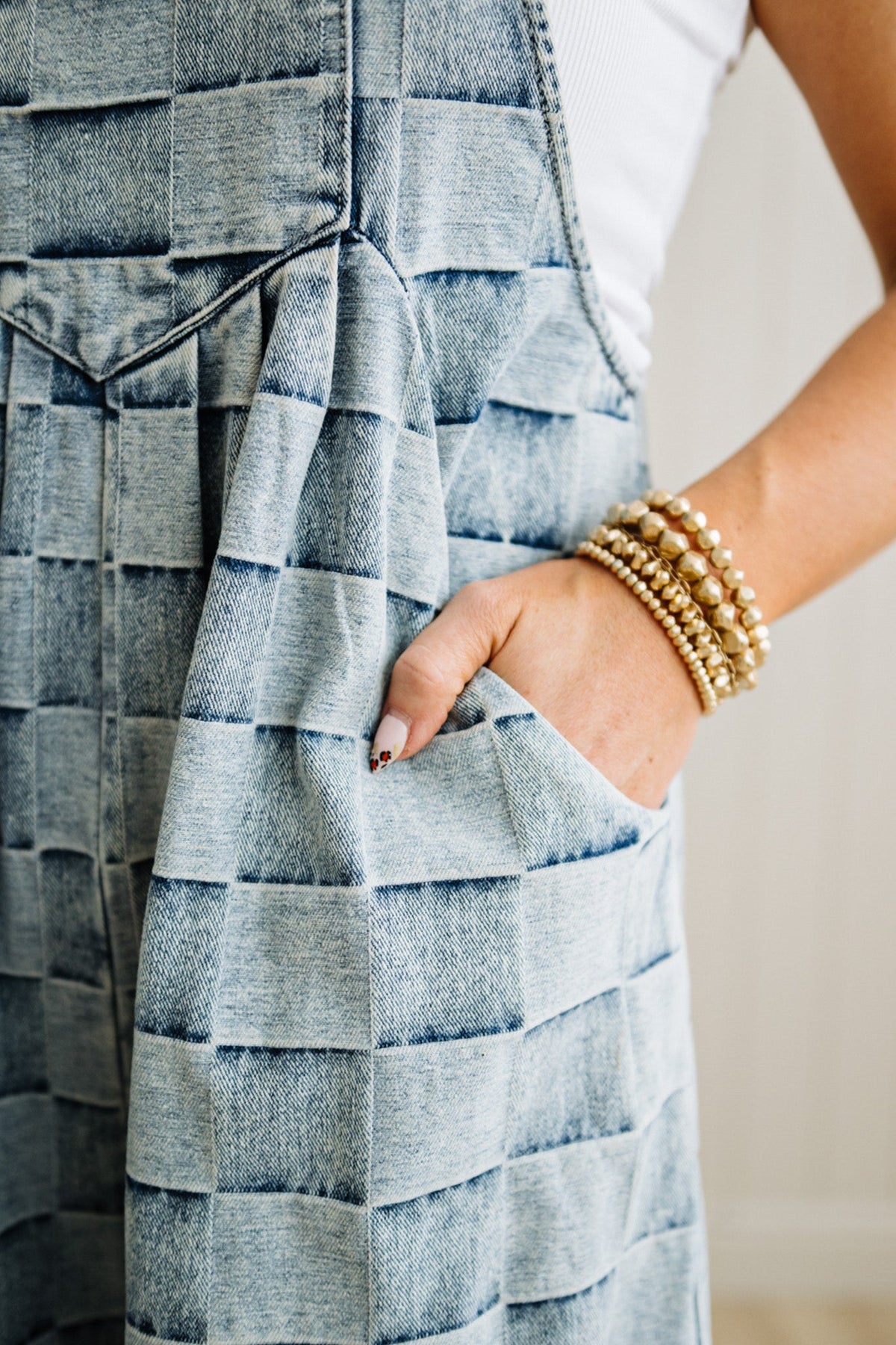 Checked Denim Wide Leg Overalls - BIBI