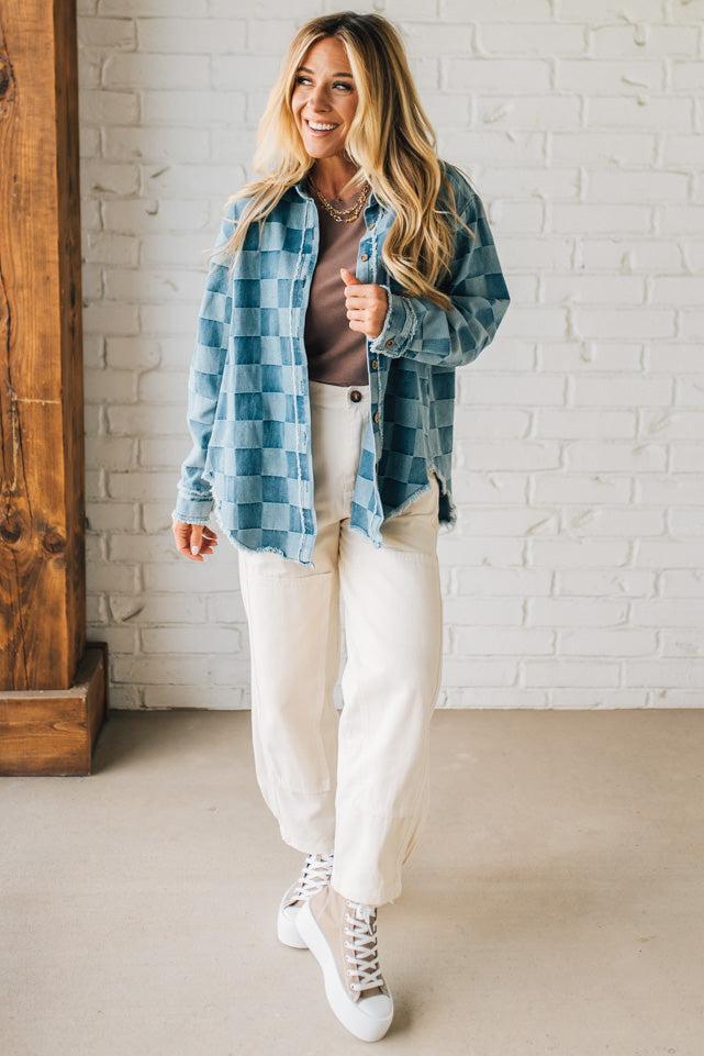 Checked and Fringed Denim Shacket