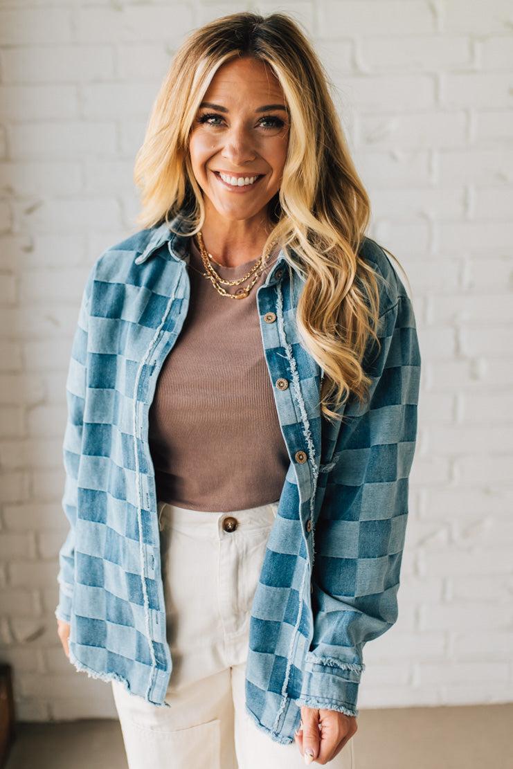 Checked and Fringed Denim Shacket