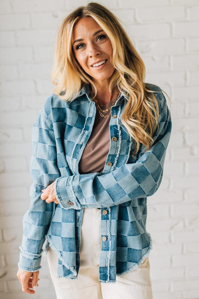 Checked and Fringed Denim Shacket