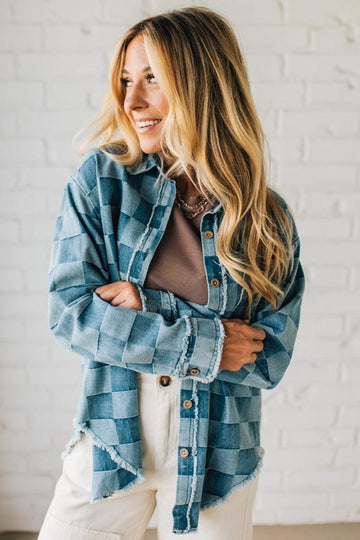 Checked and Fringed Denim Shacket