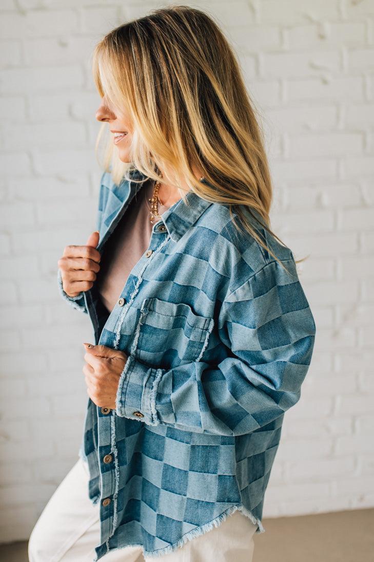 Checked and Fringed Denim Shacket