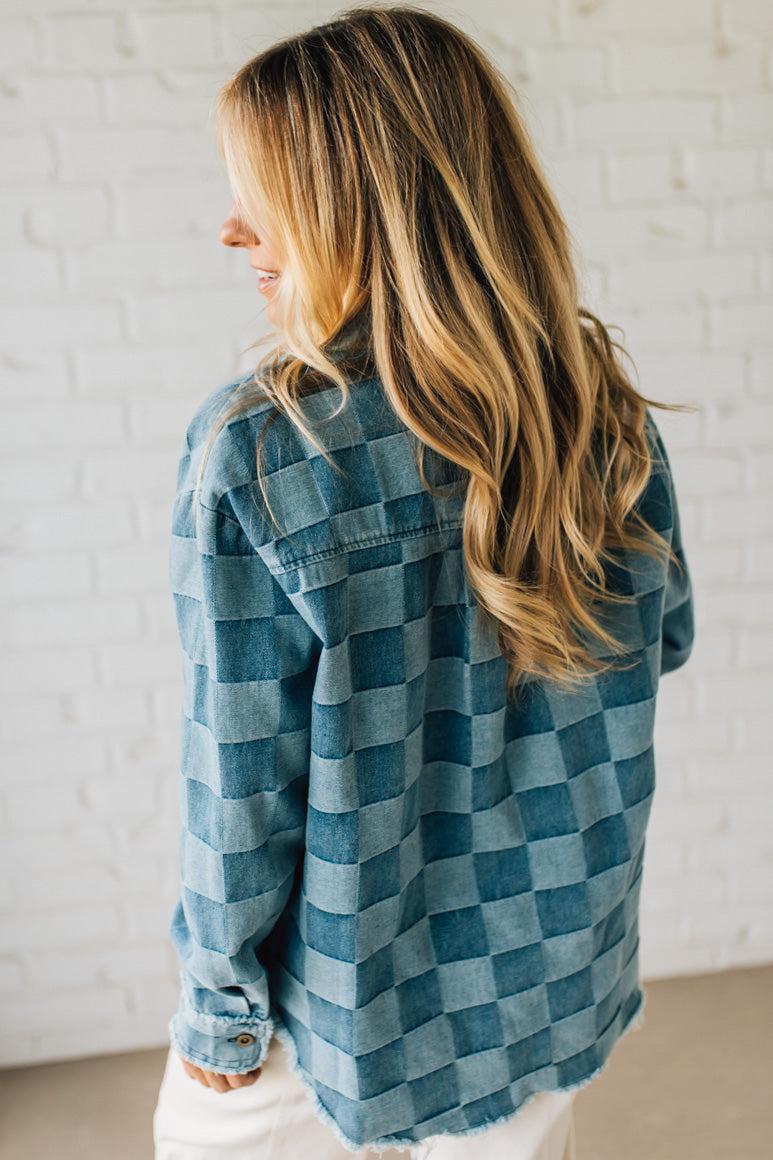 Checked and Fringed Denim Shacket