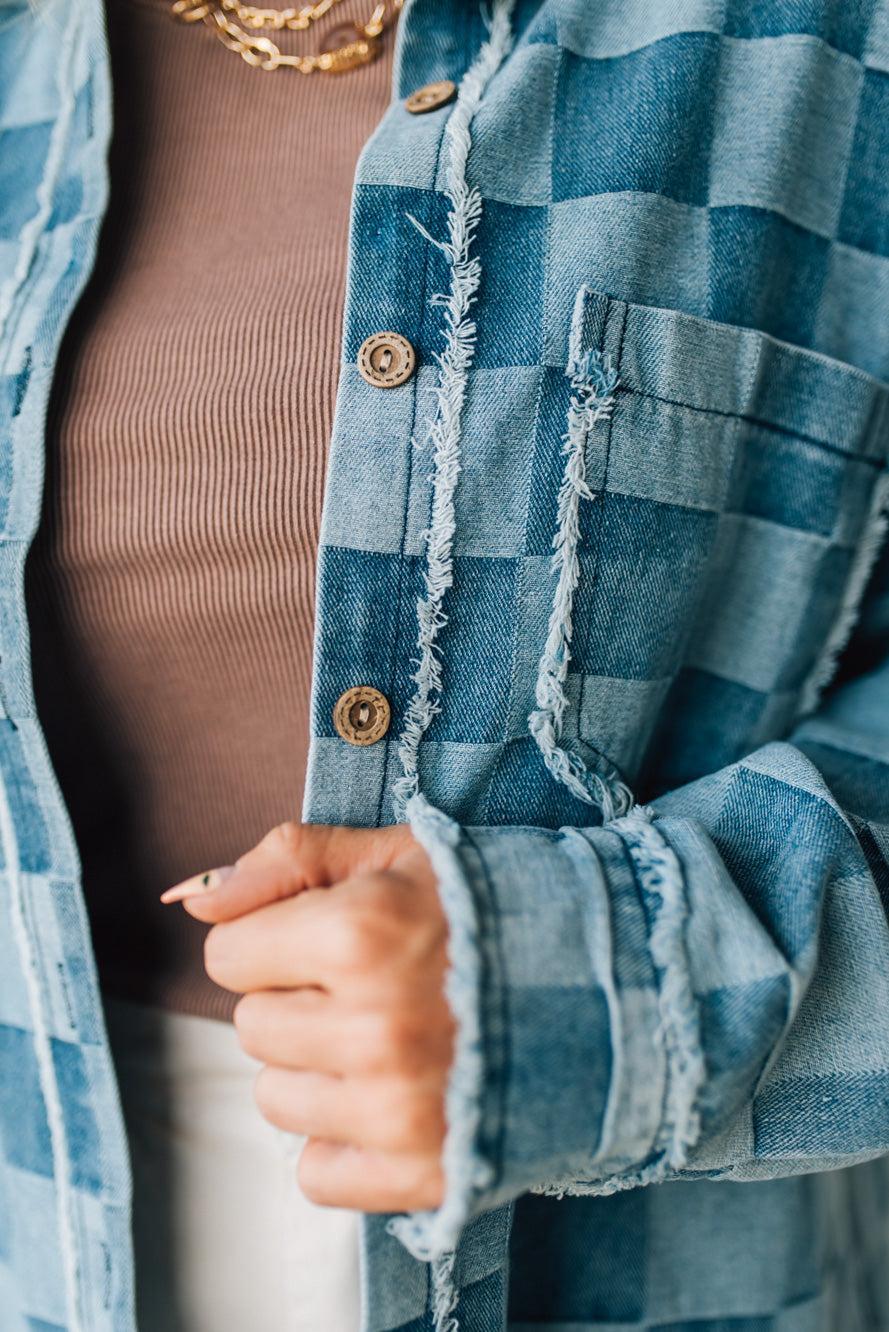 Checked and Fringed Denim Shacket