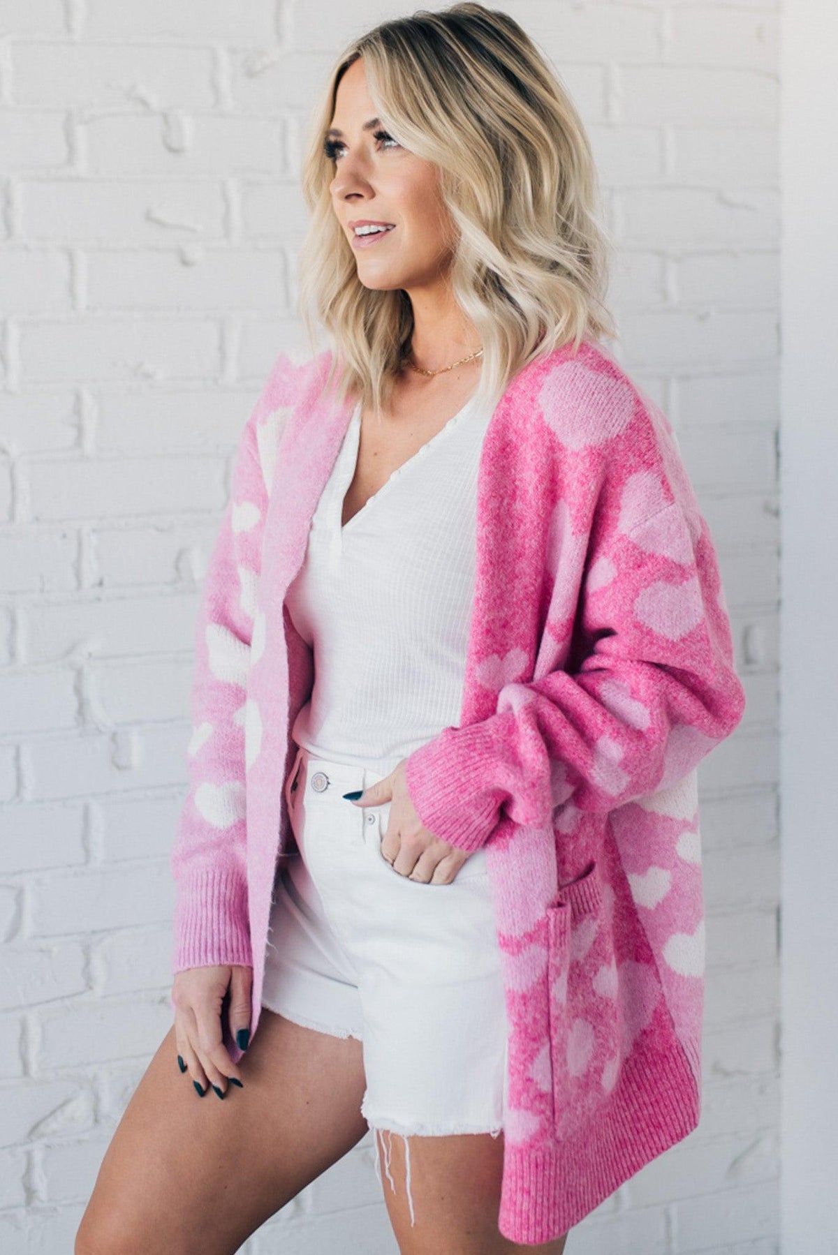 Contrast Hearts Open Front Cardigan