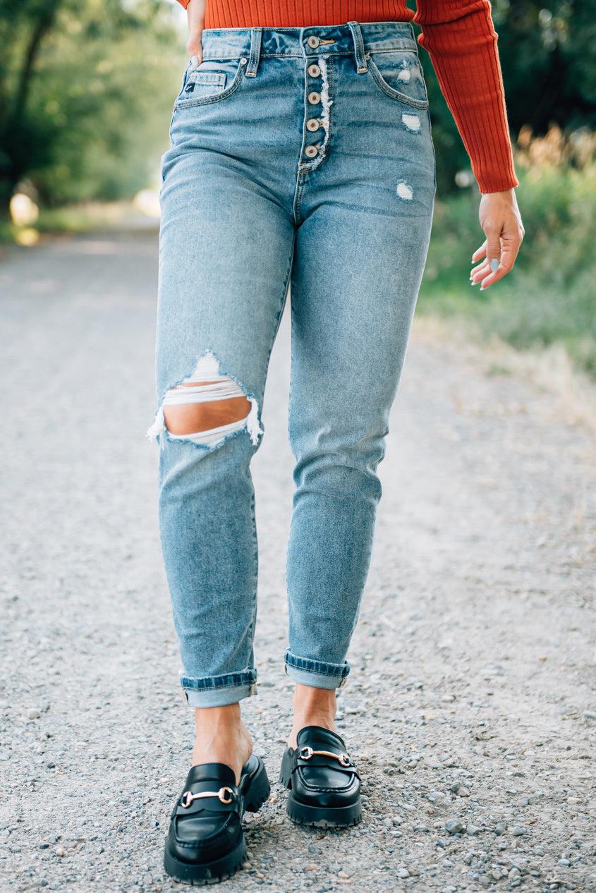 Corrie Button Front Girlfriend Jeans - KANCAN