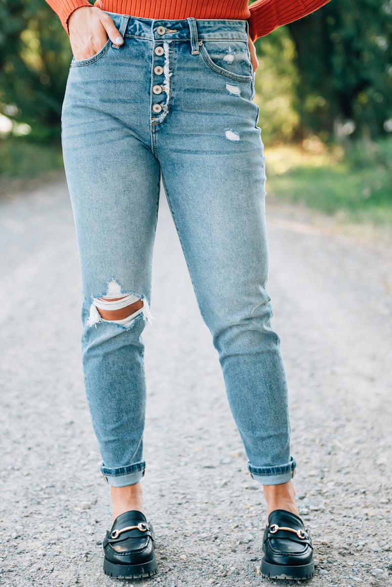 Corrie Button Front Girlfriend Jeans - KANCAN