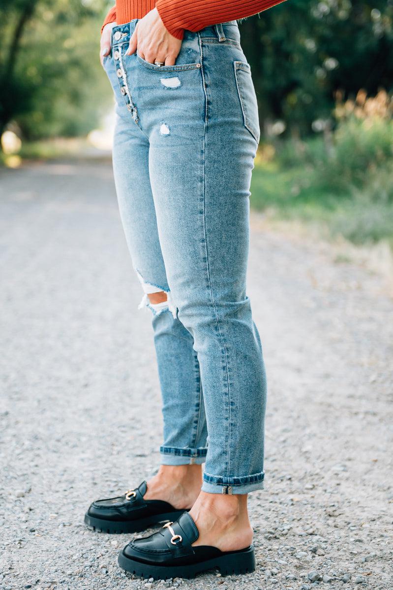 Corrie Button Front Girlfriend Jeans - KANCAN