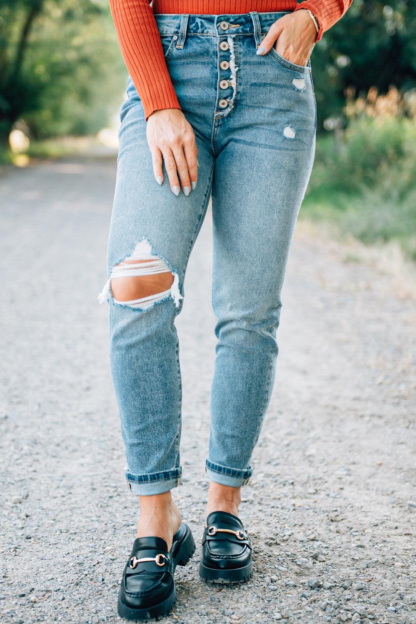 Corrie Button Front Girlfriend Jeans - KANCAN