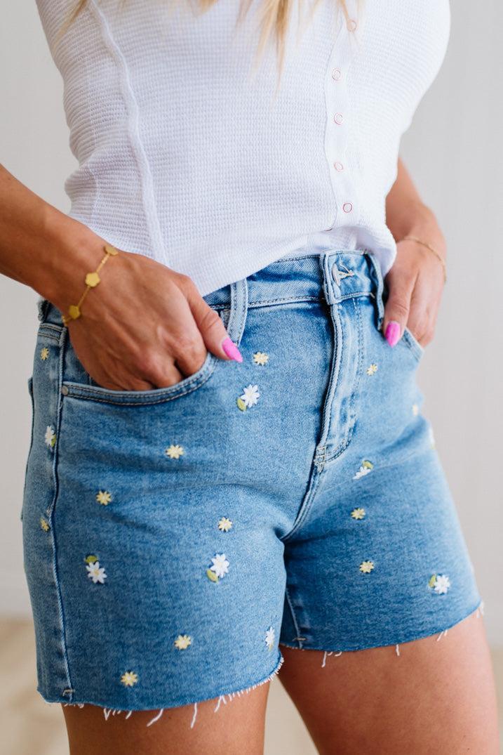 Daisy Accent Denim Shorts