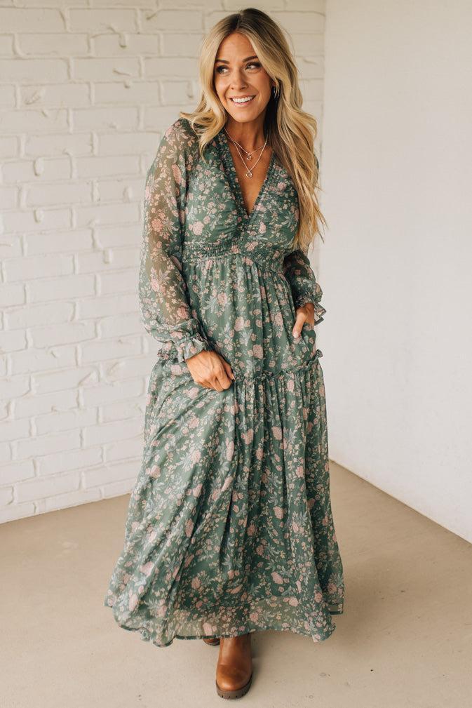 Deena Deep V Ruffle Detail Maxi Dress