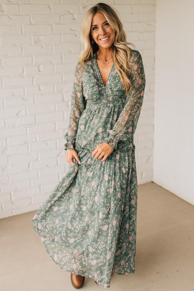 Deena Deep V Ruffle Detail Maxi Dress