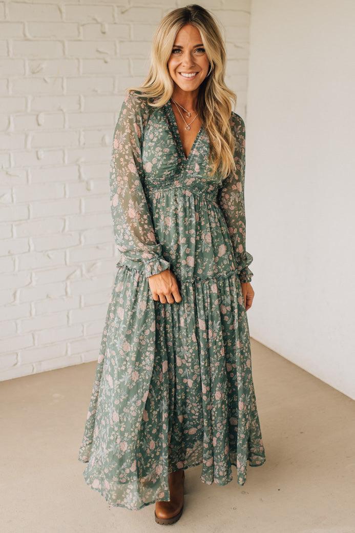 Deena Deep V Ruffle Detail Maxi Dress