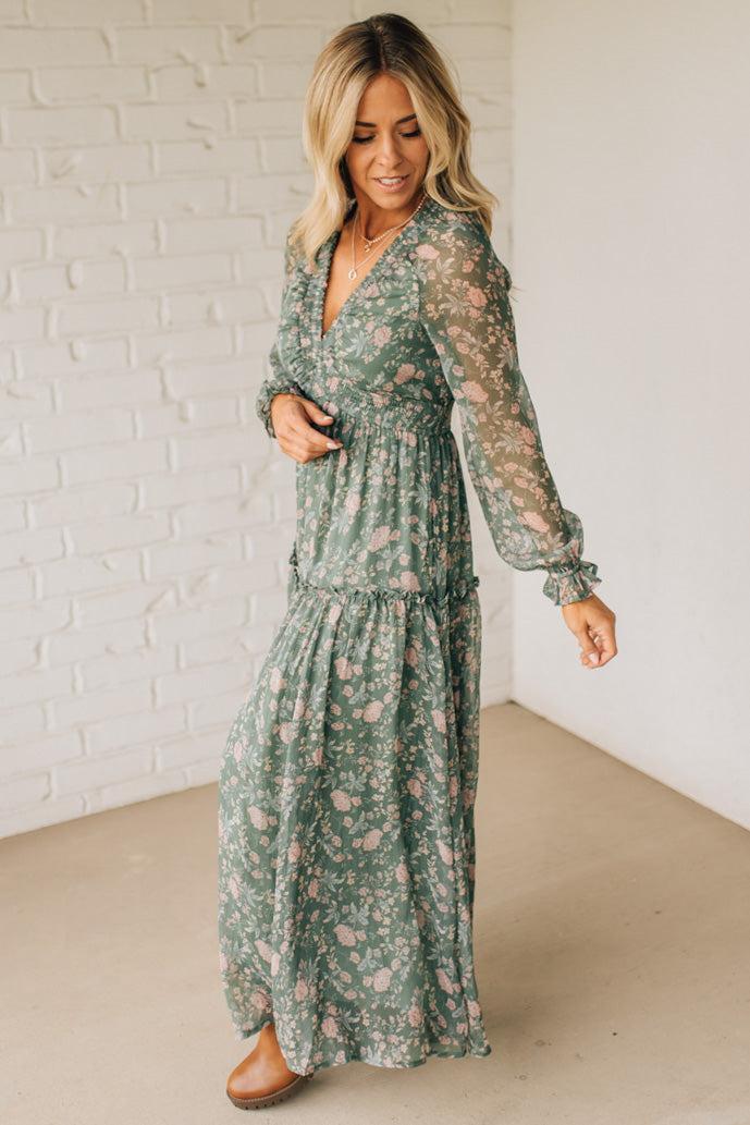 Deena Deep V Ruffle Detail Maxi Dress