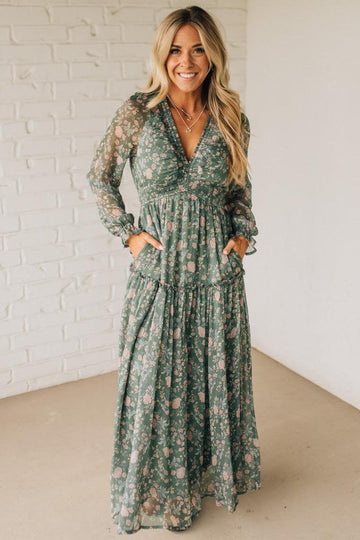 Deena Deep V Ruffle Detail Maxi Dress