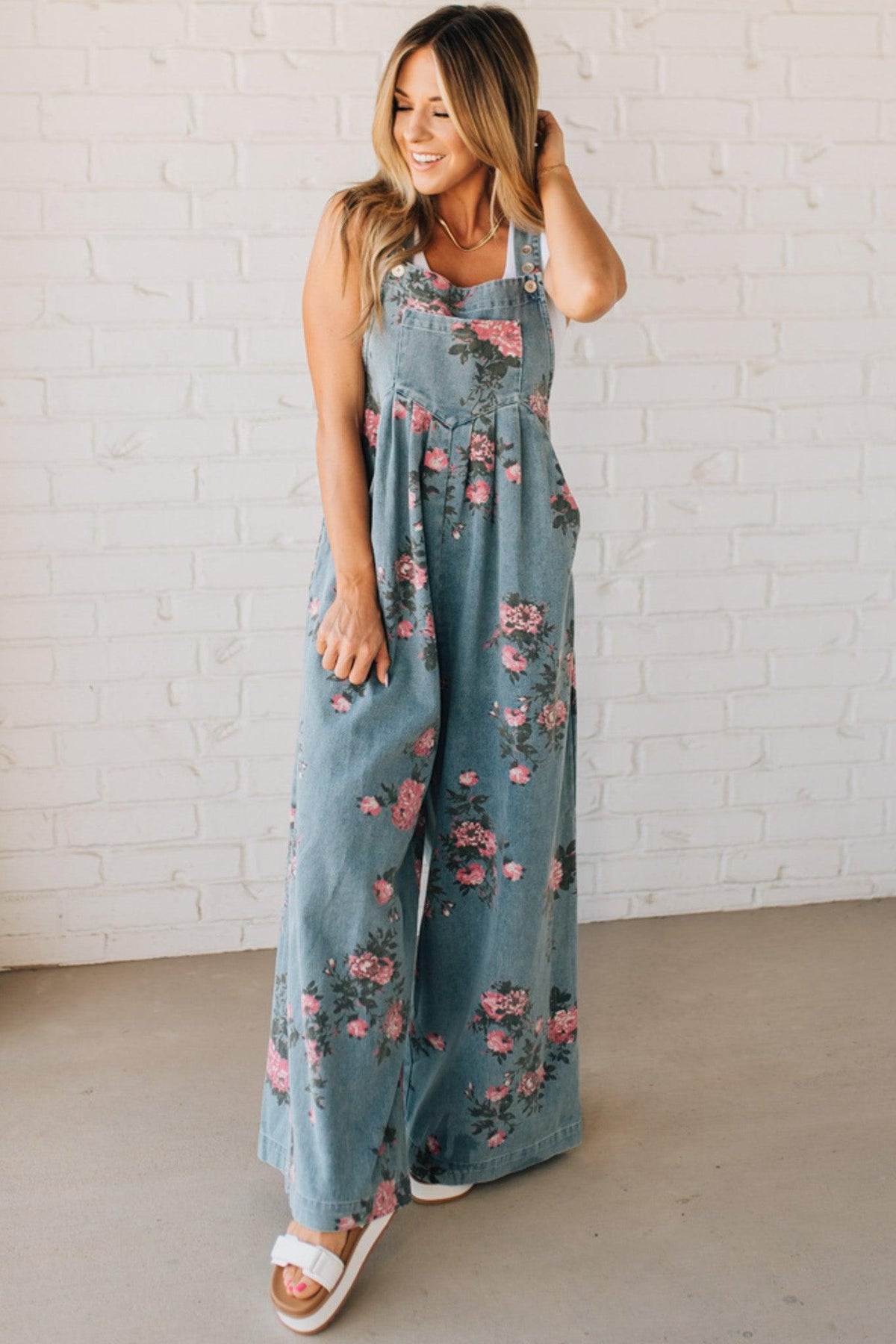 Floral Print Denim Overalls - BIBI