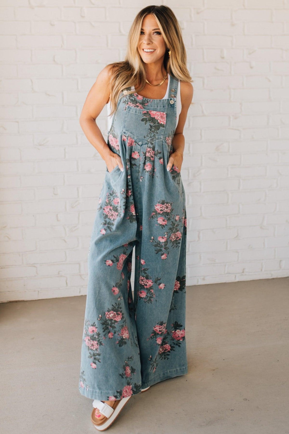 Floral Print Denim Overalls - BIBI