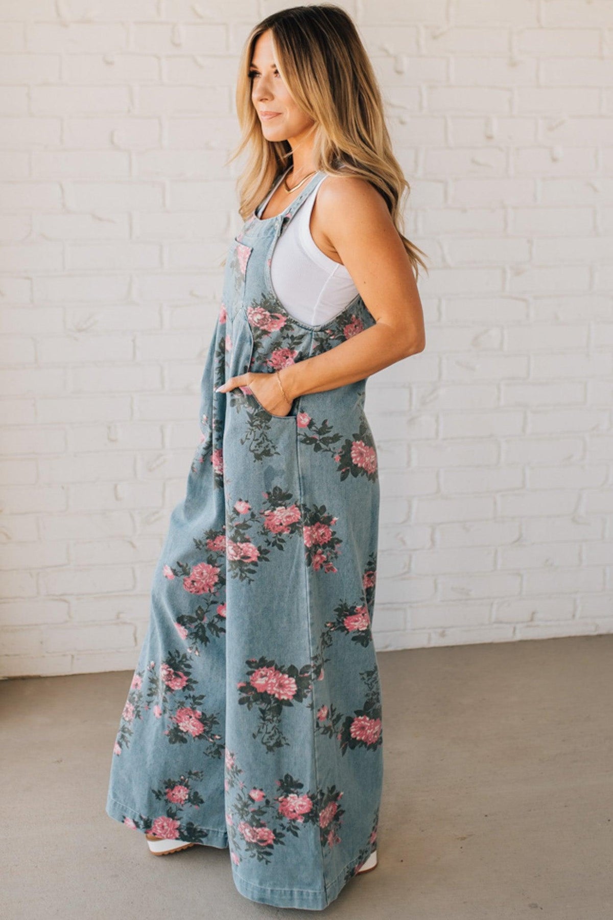 Floral Print Denim Overalls - BIBI