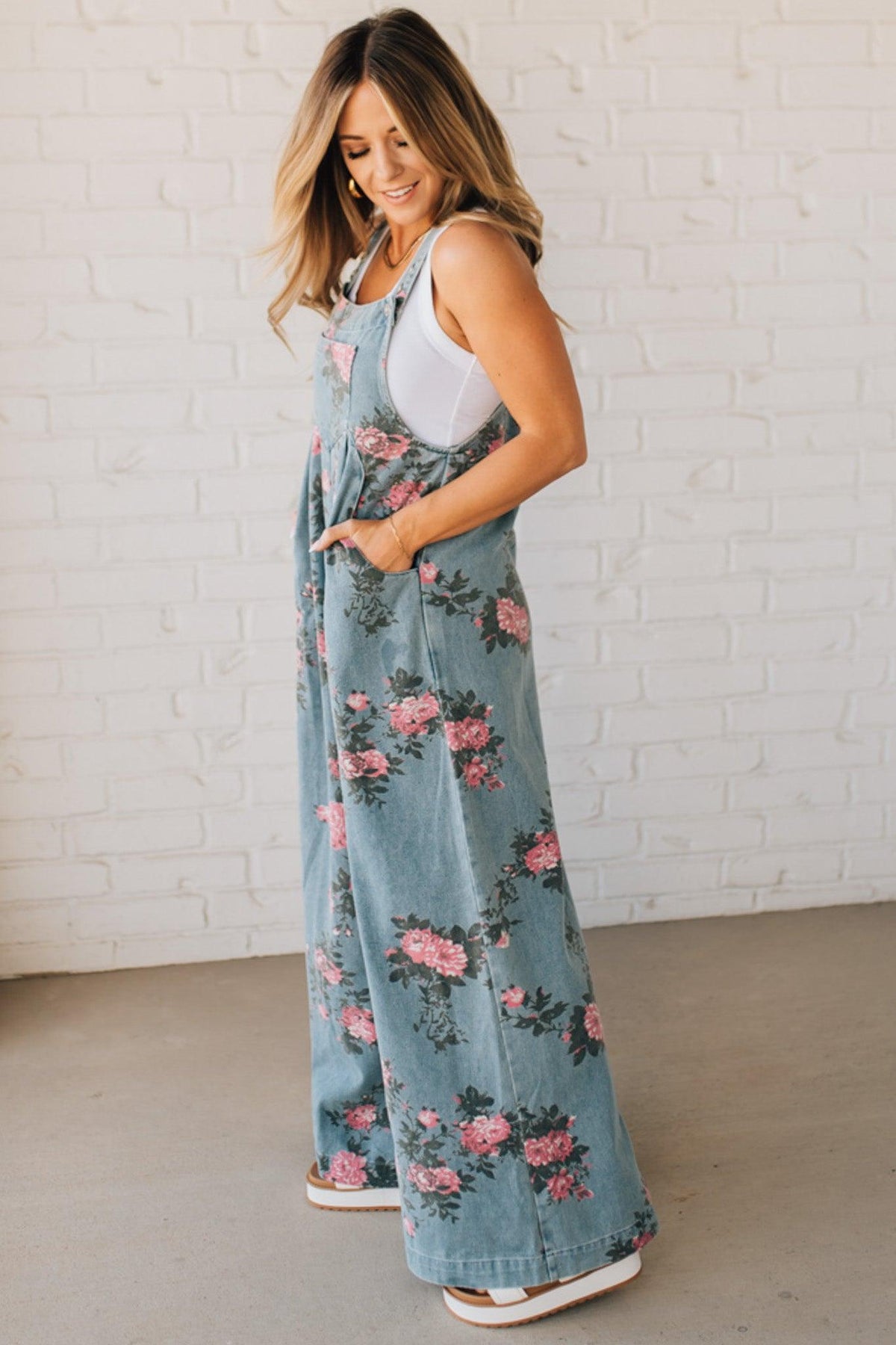 Floral Print Denim Overalls - BIBI