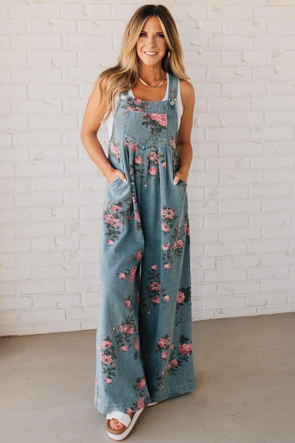 Floral Print Denim Overalls - BIBI