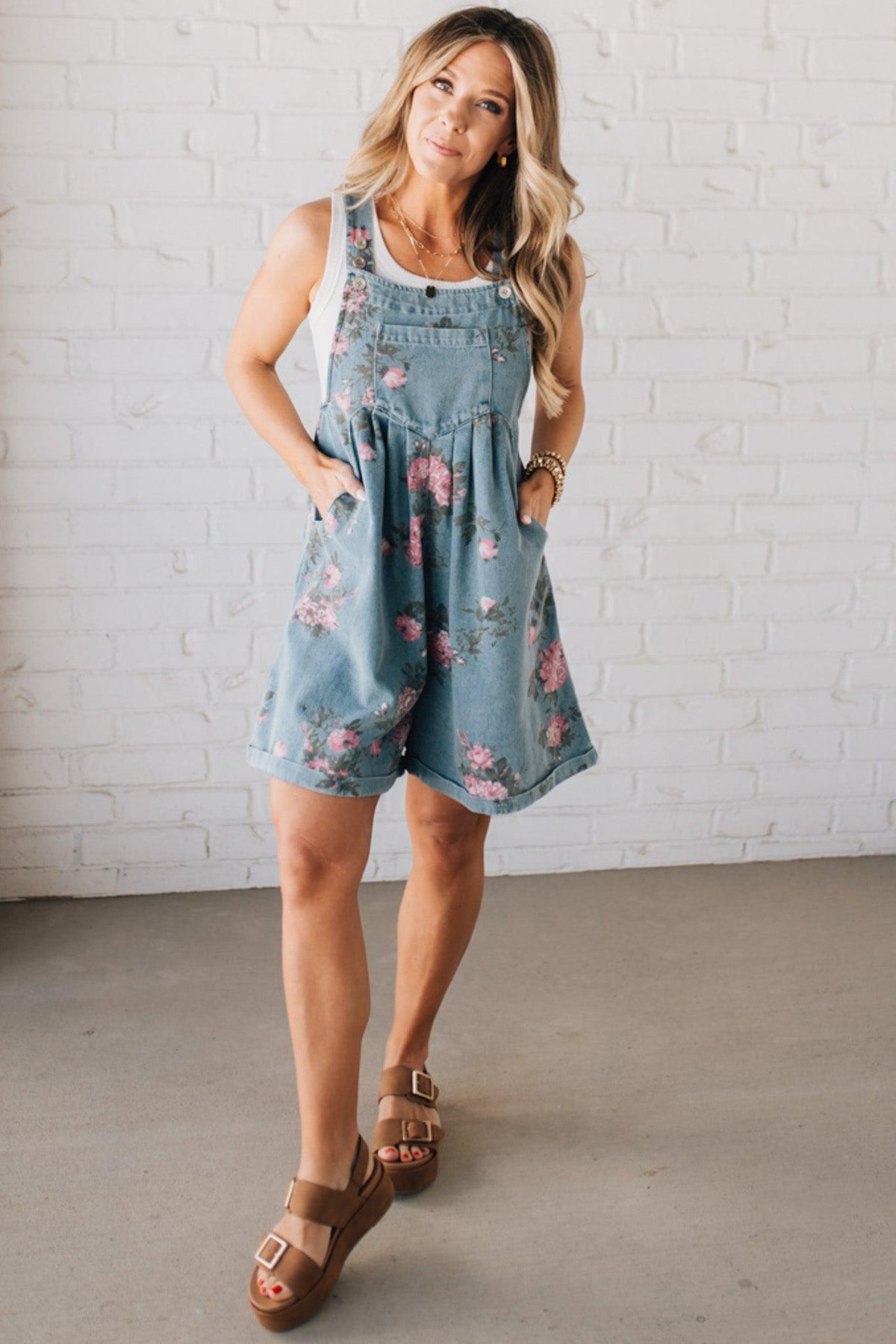 Floral Print Denim Shortalls - BIBI