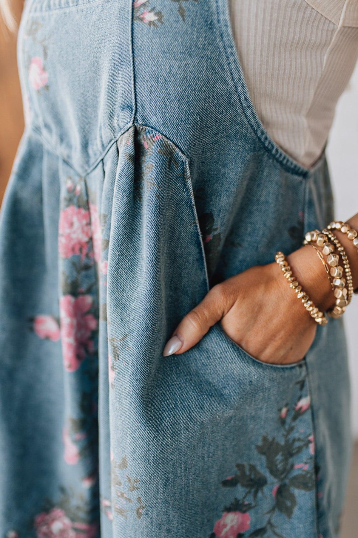 Floral Print Denim Shortalls - BIBI