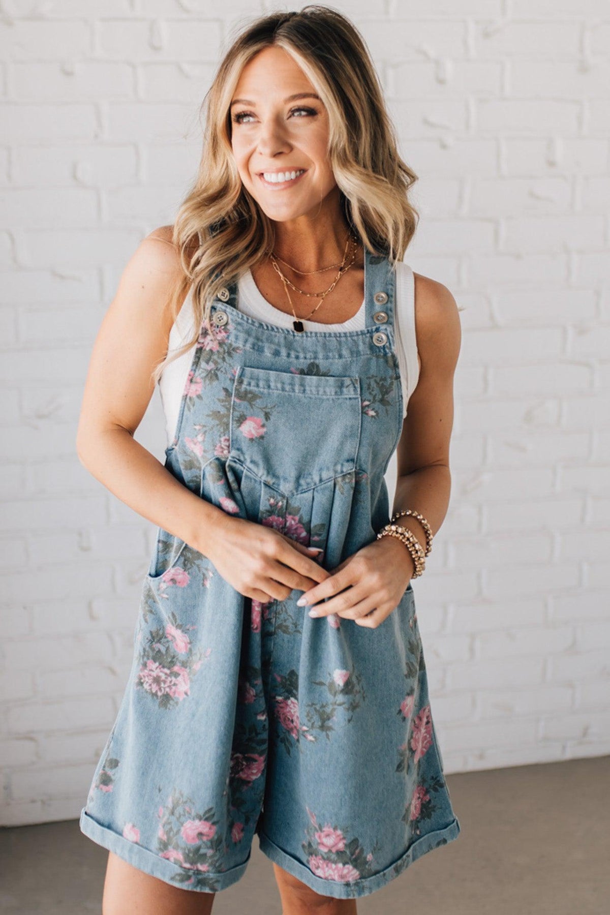 Floral Print Denim Shortalls - BIBI