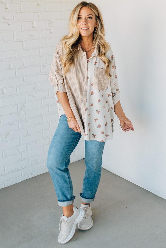 Floral + Striped Contrast Boyfriend Top