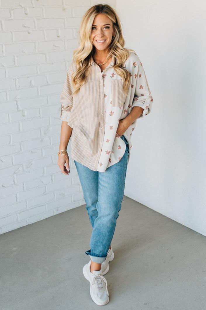 Floral + Striped Contrast Boyfriend Top