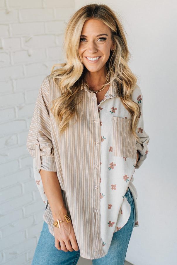 Floral + Striped Contrast Boyfriend Top