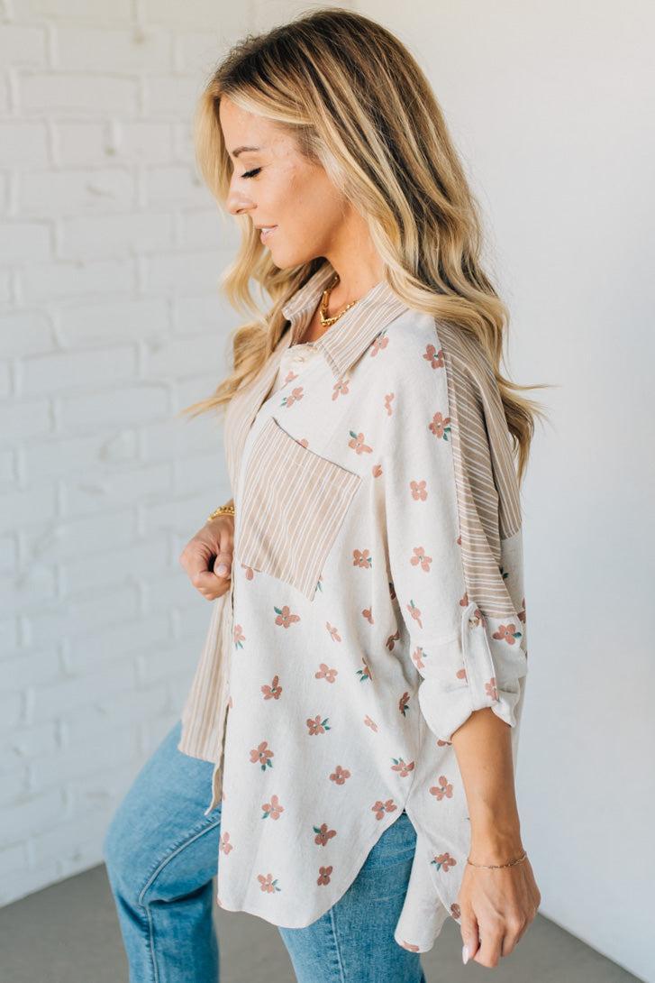 Floral + Striped Contrast Boyfriend Top