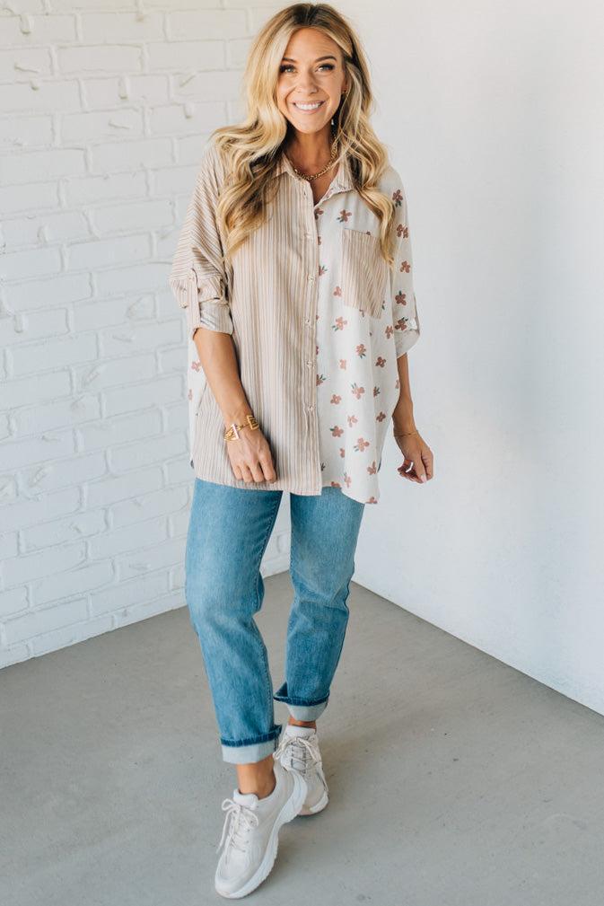 Floral + Striped Contrast Boyfriend Top
