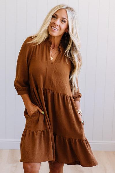 Frilled Split Neck Tiered Dress