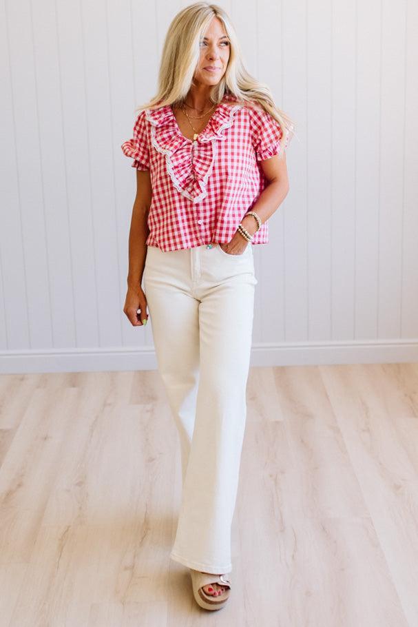Gingham Lace Accent Puff Sleeve Top