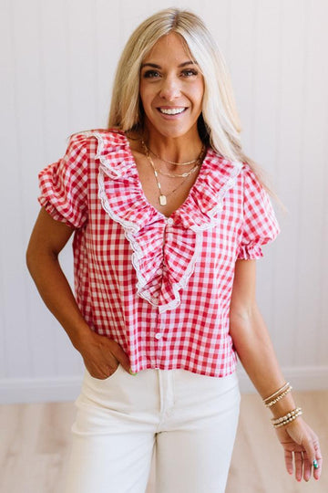Gingham Lace Accent Puff Sleeve Top