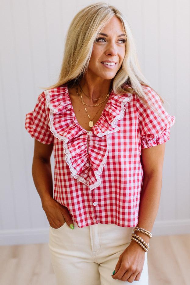 Gingham Lace Accent Puff Sleeve Top