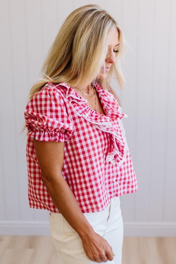 Gingham Lace Accent Puff Sleeve Top