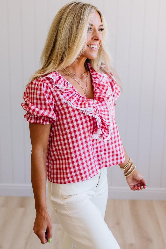 Gingham Lace Accent Puff Sleeve Top