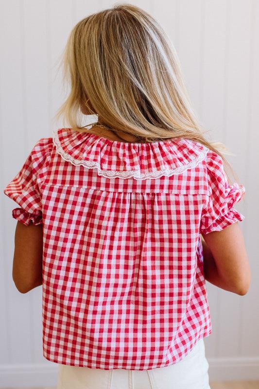 Gingham Lace Accent Puff Sleeve Top