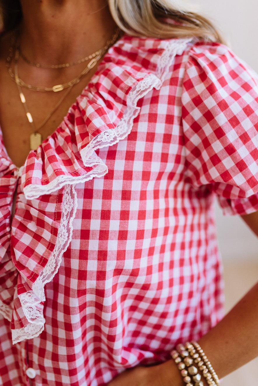 Gingham Lace Accent Puff Sleeve Top
