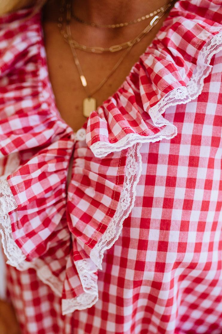 Gingham Lace Accent Puff Sleeve Top