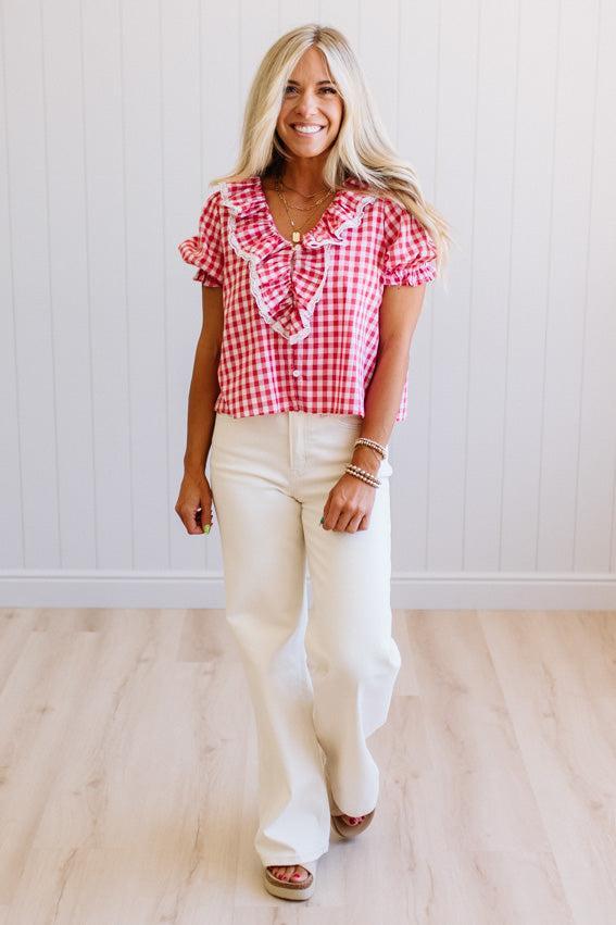 Gingham Lace Accent Puff Sleeve Top