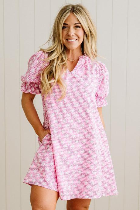 Gingham and Hearts Puff Sleeve Shift Dress