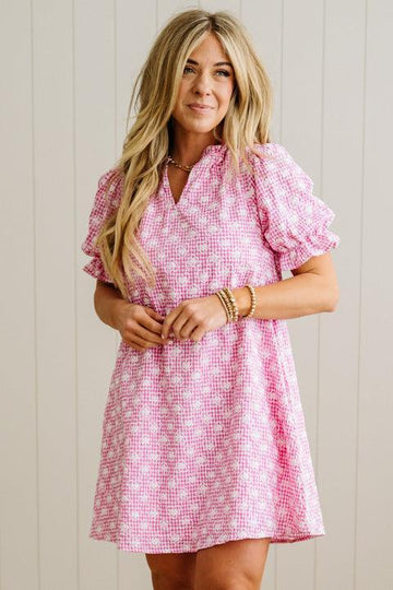 Gingham and Hearts Puff Sleeve Shift Dress