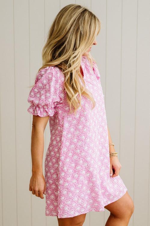 Gingham and Hearts Puff Sleeve Shift Dress