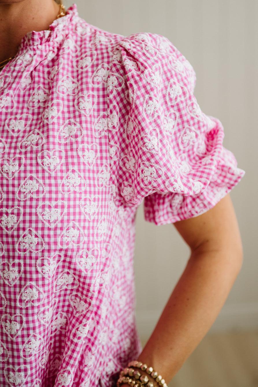 Gingham and Hearts Puff Sleeve Shift Dress