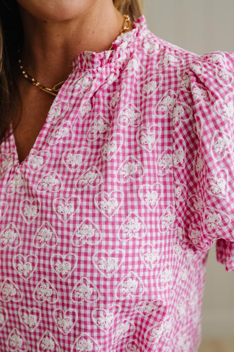 Gingham and Hearts Puff Sleeve Shift Dress