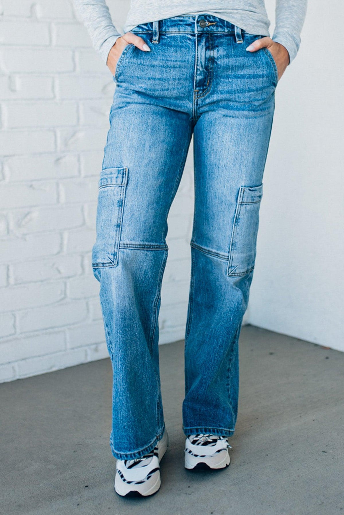 Heather Mid Rise Cargo Jeans - KANCAN