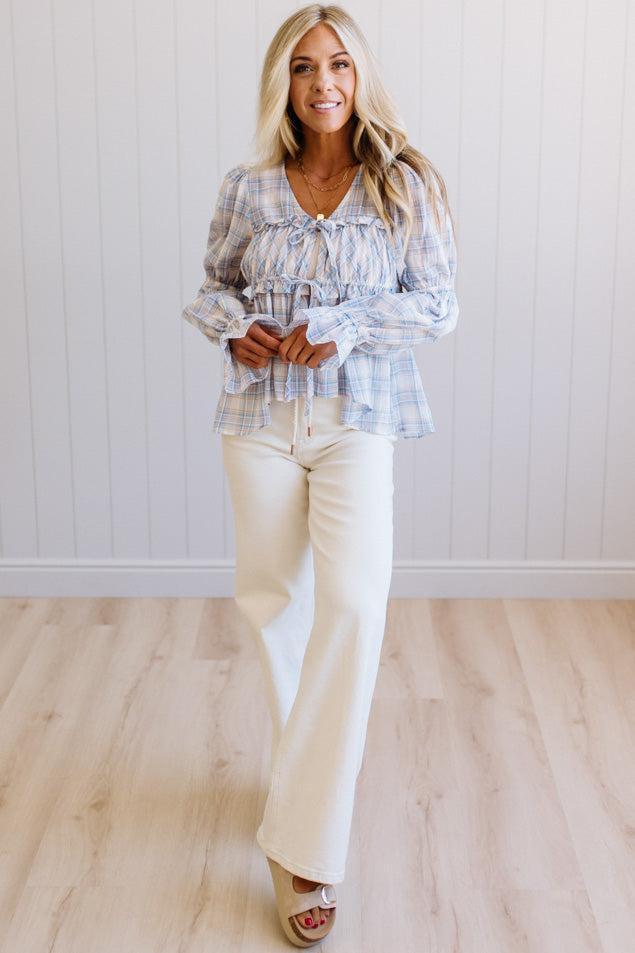 High Low Plaid Tie Front Peplum
